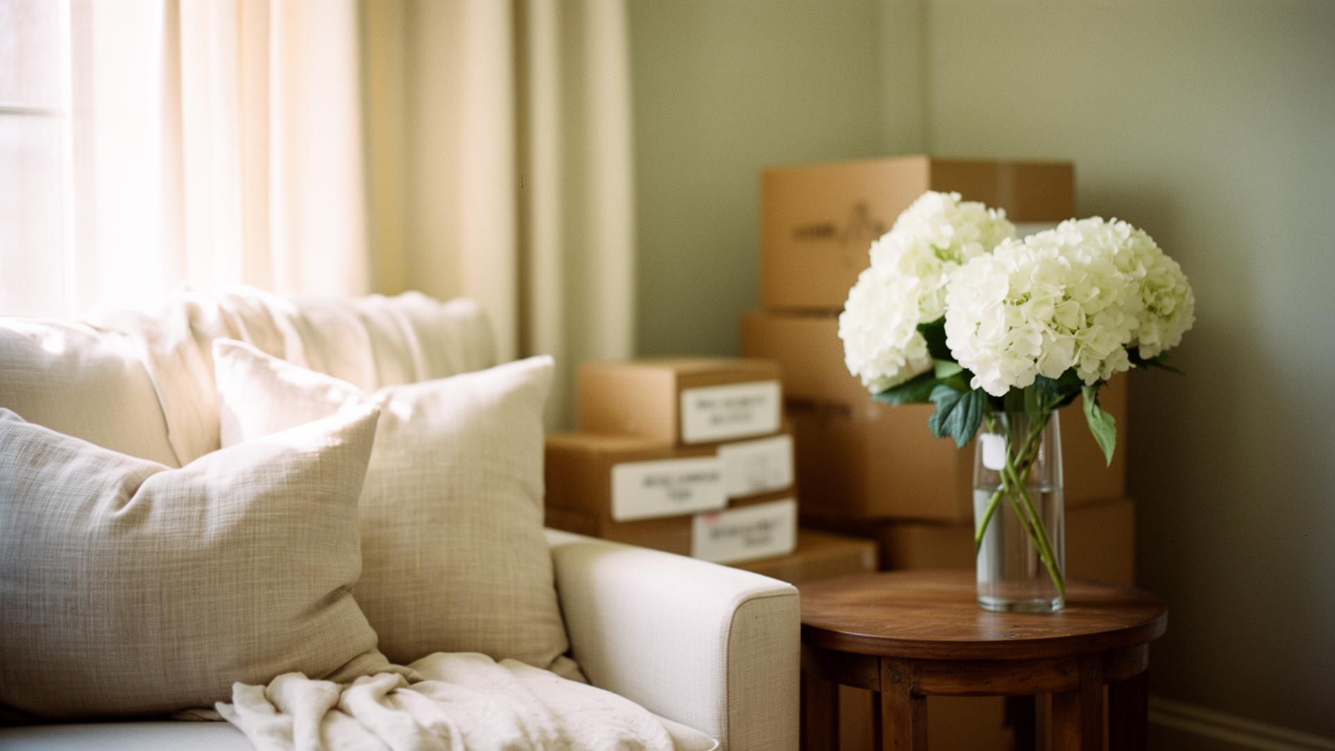 Sunlit living room with linen cushions, white hydrangeas, and neatly labeled moving boxes